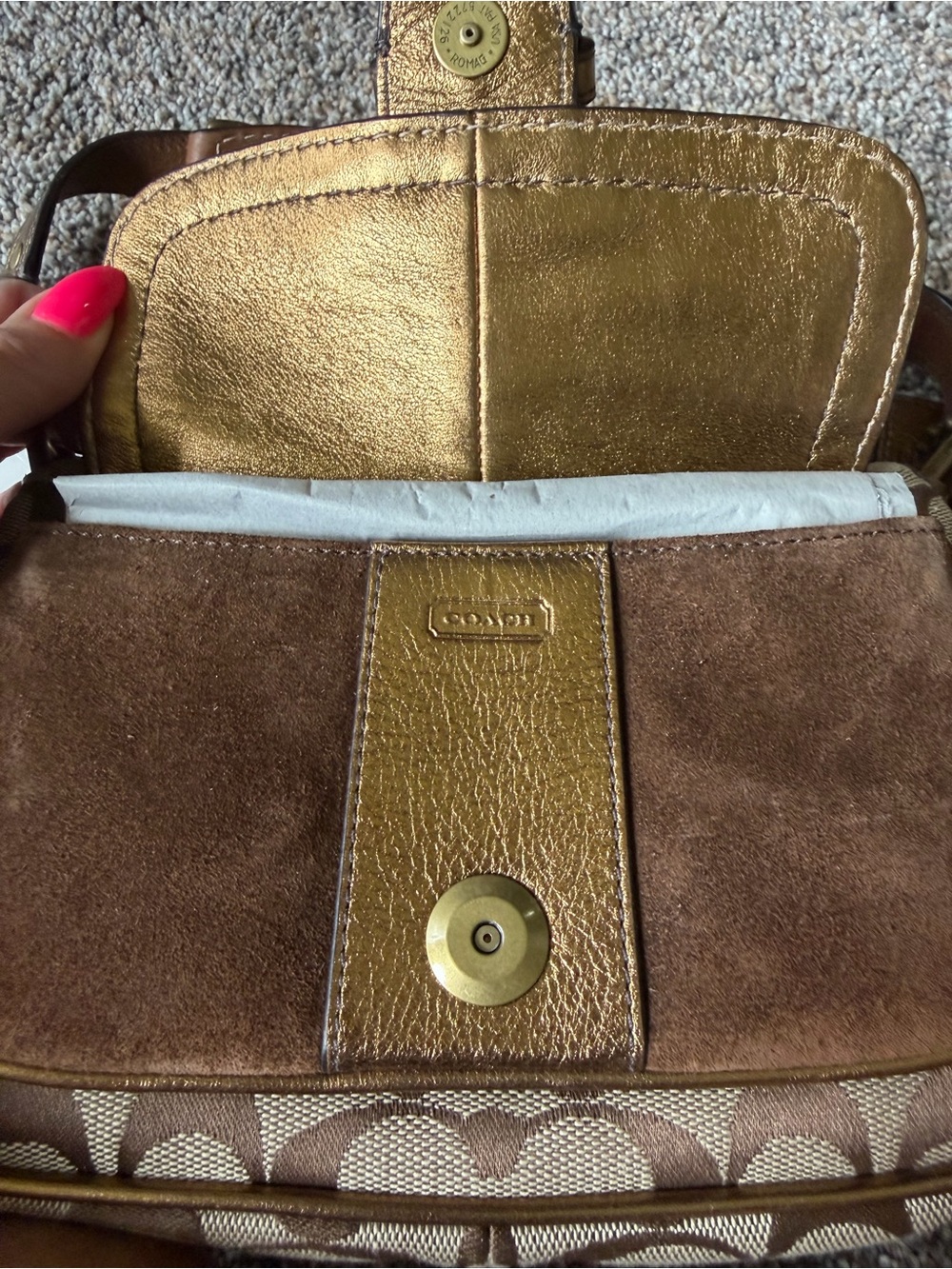 Coach Brown Signature Canvas Shoulder Bag with Metallic Bronze Leather Accents - Picture 8 of 16